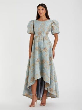 Mac Duggal 11608 Blue Brocade Puff Sleeve High Low Gown NWT